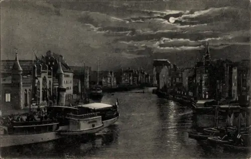 Mondschein Ak Gdańsk Danzig, Das nordische Venedig, Dampfschiff, Krantor