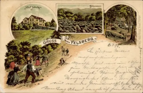 Litho Felsberg im Odenwald Hessen, Hotel, Wanderer