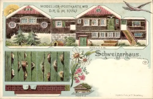 Litho Modellier-Postkarte, Schweizerhaus zum Basteln