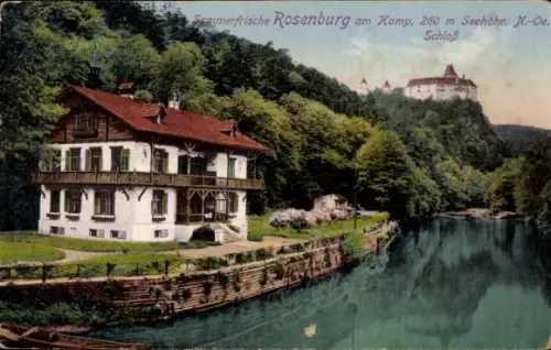 Ak Rosenburg Mold in Niederösterreich, Schloss Rosenburg am Kamp, Flussufer mit Villa, Flussspieg