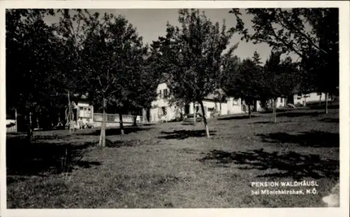 Ak Mönichkirchen in Niederösterreich, Wiese mit Bäumen, Gasthaus mit Veranda, Sitzplätze, mehrere