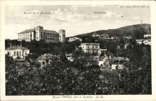 Ak Bad Vöslau Niederösterreich, Grand Hotel Bellevue, Villen am Hang, Hügel mit Warte, zahlreiche