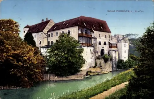 Ak Purgstall an der Erlauf in Niederösterreich, Schlossgebäude am Fluss, Uferweg, große Bäume