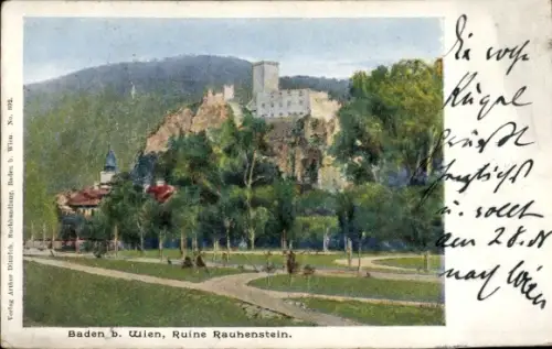 Ak Baden bei Wien in Niederösterreich, Burgruine auf Felsen, Park mit Wegen und Bäumen, Spaziergä