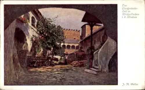 Ak Weißenkirchen in der Wachau Niederösterreich, Torbogen, gepflasterter Hof, Leiterwagen, Rind, 