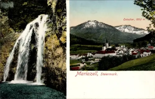 Ak Mariazell Steiermark, Wasserfall links, Dorf mit Kirchturm rechts, Berg mit Schneeresten, Bild