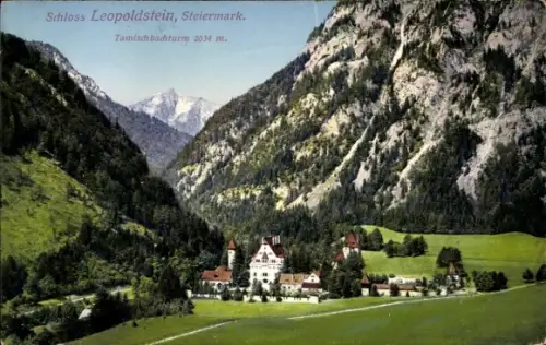 Ak Eisenerz Steiermark, Schloss Leopoldstein, Tal mit Bergen, steile bewaldete Felswände, grüne W