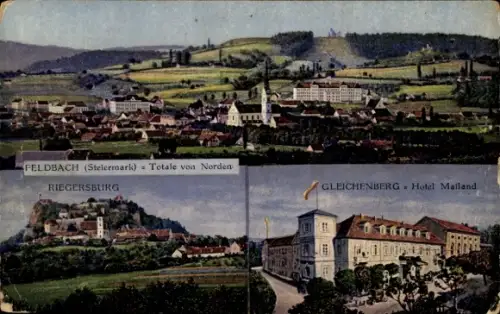 Ak Feldbach Steiermark, Panorama mit Kirchturm und Häusern, Burg auf Felsen, Hotel mit Fahnen