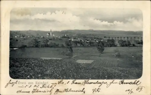 Ak Kaindorf bei Hartberg Steiermark, Weite Wiesen, Ackerflächen, Dorf mit Kirchturm, verstreute H