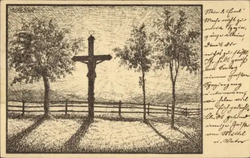 Künstler Ak Dlouhá Louka Langewiese Osek Ossegg Reg. Aussig, Höhenwege, Kreuz