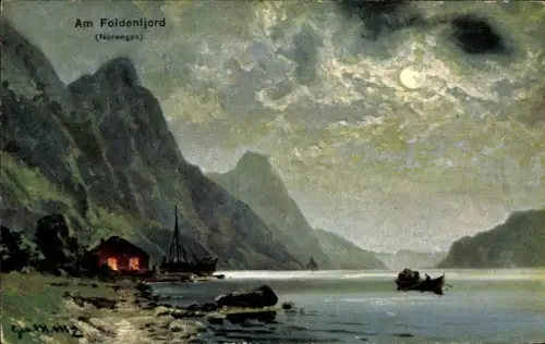 Künstler Ak Fosnes Norwegen, Am Foldenfjord, Berge, Mond