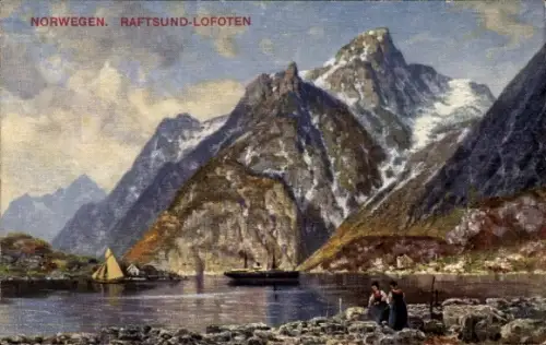Künstler Ak Raftsund Lofoten Norwegen, Waschfrauen am felsigen Ufer, Berglandschaft