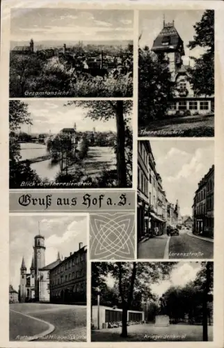 Ak Hof an der Saale Oberfranken Bayern, Gesamtansicht, Theresienstein, Rathaus, Kriegerdenkmal