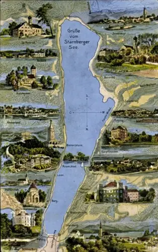 Ak Starnberg am Starnberger See Oberbayern, Karte vom  verschiedene Orte abgebildet, Bismarckturm