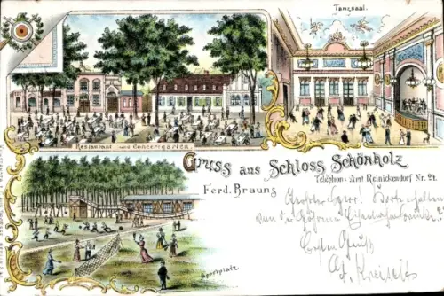 Litho Berlin Pankow Niederschönhausen Schönholz, Schloss Schönholz, Restaurant, Tennisplatz