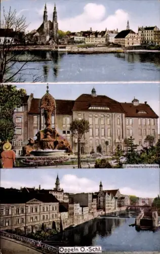 Ak Opole Oppeln Schlesien, Panorama, Monumentalbrunnen