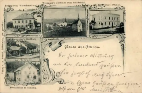 Ak Ettenau Ostermiething Oberösterreich, Wettingers Gasthaus zum Schiffstadel, Zoll, Warenhandlung