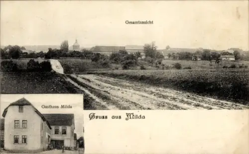 Ak Milda in Thüringen, Gesamtansicht, Gasthof
