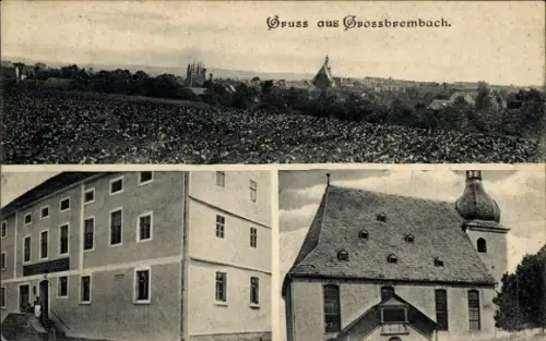 Ak Großbrembach Buttstädt in Thüringen, Panorama, Kirche, Gasthof