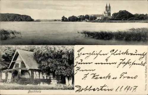 Ak Buchholz Goldberg in Mecklenburg, Panorama, See, Kirche, Fachwerkhaus