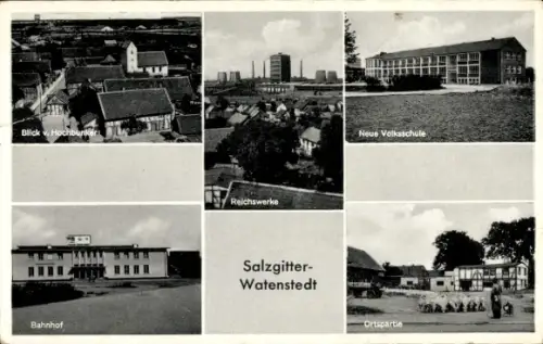 Ak Watenstedt Salzgitter in Niedersachsen, Blick vom Hochbunker, Bahnhof, Reichswerke, Volksschule