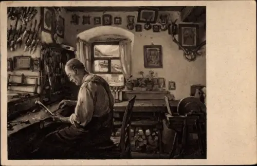 Künstler Ak Prölß, F., Mittenwald in Oberbayern, Geigenbauwerkstätte