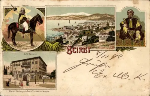 Litho Beirut Beyrouth Libanon, Gesamtansicht, Reiter, Hotel Bassoul