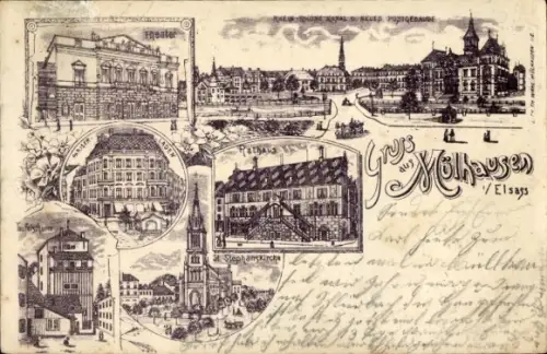 Litho Mulhouse Mülhausen Elsass Haut Rhin, Theater, Rathaus, Post, Stephanskirche