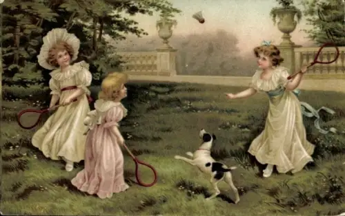 Litho Drei Mädchen spielen Federball auf einer Wiese, Hund, Terrier