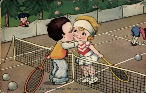 Künstler Ak Kinder auf einem Tennisplatz, Kuss