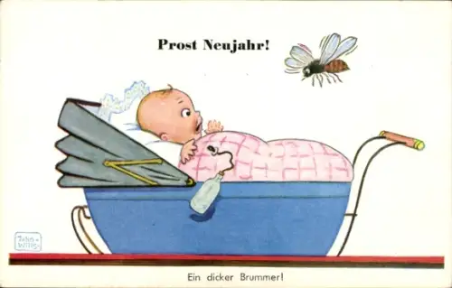 Künstler Ak Wills, John, Baby im Kinderwagen erschrickt vor Biene