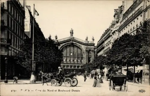 Ak Paris, Gare du Nord et Boulevard Denain, Kutschen am Bahnhof