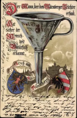 Wappen Künstler Litho Dresscher, A., Nürnberg in Mittelfranken, Nürnberger Trichter