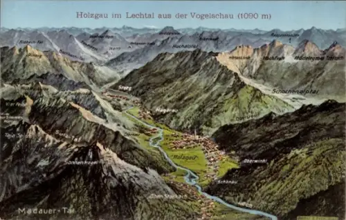 Landkarten Ak Felle, Eugen, Holzgau in Tirol, Madauer Tal, Ortschaft aus der Vogelschau