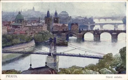 Künstler Ak Jedlicek, F. J., Praha Prag Tschechien, Stadtansicht, Brücke