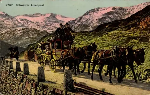 Ak Schweiz, Schweizer Alpenpost, Postkutsche, Fünfergespann