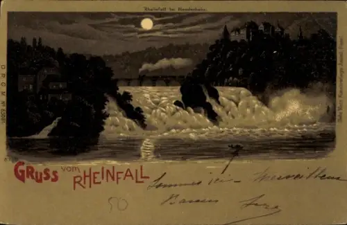 Mondschein Litho Rheinfall Kanton Schaffhausen, Wasserfall bei Nacht