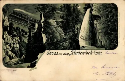 Mondschein Litho Biel Bienne Kt. Bern Schweiz, Gruß aus dem Taubenloch, Eisenbahnviadukt, Wasserfall