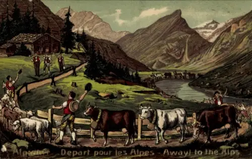 Präge Litho Schweiz, Alpen, Départ pour les Alpes, Kuhtrieb auf die Alm