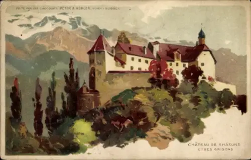 Künstler Ak Rhäzüns Kt. Graubünden, Schloss, Schokolade Peter Kohler