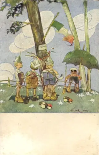 Künstler Ak Kinder, Beobachtung, Fahne, Bäume