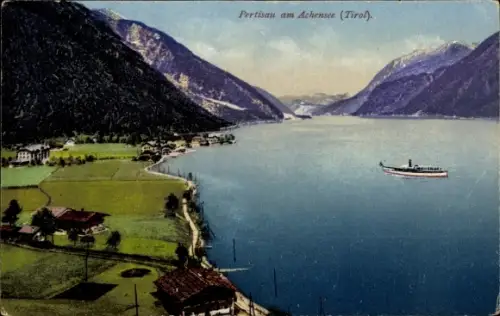 Ak Pertisau Eben am Achensee Tirol, Bergsee, Uferwiesen, Häuser, Anlegesteg, Ausflugsdampfer, Ber