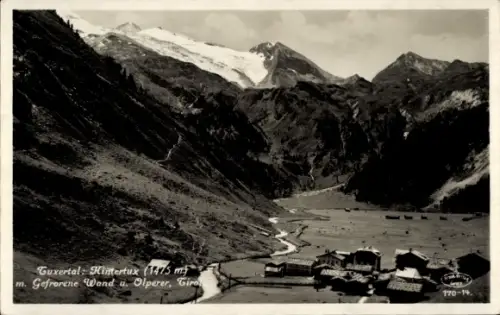 Ak Bad Hintertux Tirol, Bergtal mit Gletscher, hochalpine Gipfel, gewundener Bach, vereinzelte Al