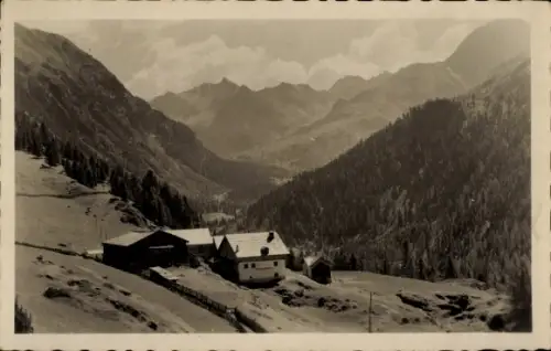 Ak Oetz Ötz in Tirol, Almhütten und Ställe, Almwiese mit Pfad und Zaun, Tannenwald an Hang, Bergk