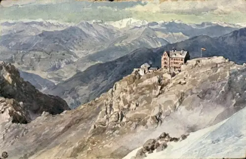 Ak Obergurgl Sölden in Tirol, Berghütte auf felsigem Grat mit Flagge, umgeben von Bergketten und 