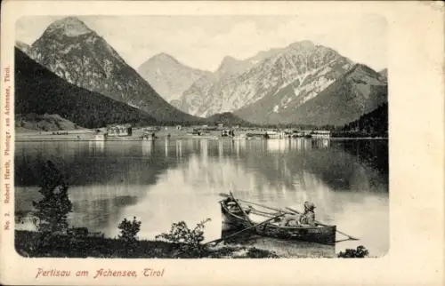 Ak Pertisau Tirol, Blick über den Achensee zum Ort