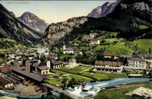 Ak Hieflau Landl in der Steiermark, Bergtal mit Fluss und Wehr, Fabrik mit Schornstein, Kirche, H