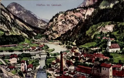 Ak Hieflau Landl in der Steiermark,  Berge, Fluss, Häuser, 