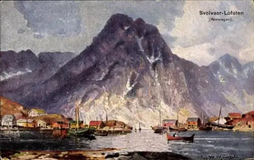 Künstler Ak Meinzoll, M., Svolvær Svolvaer Lofoten Norwegen, Fischerdorf, Panorama