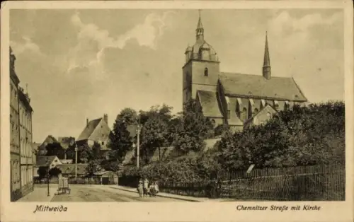 Ak Mittweida in Sachsen, Chemnitzer Straße mit Kirche